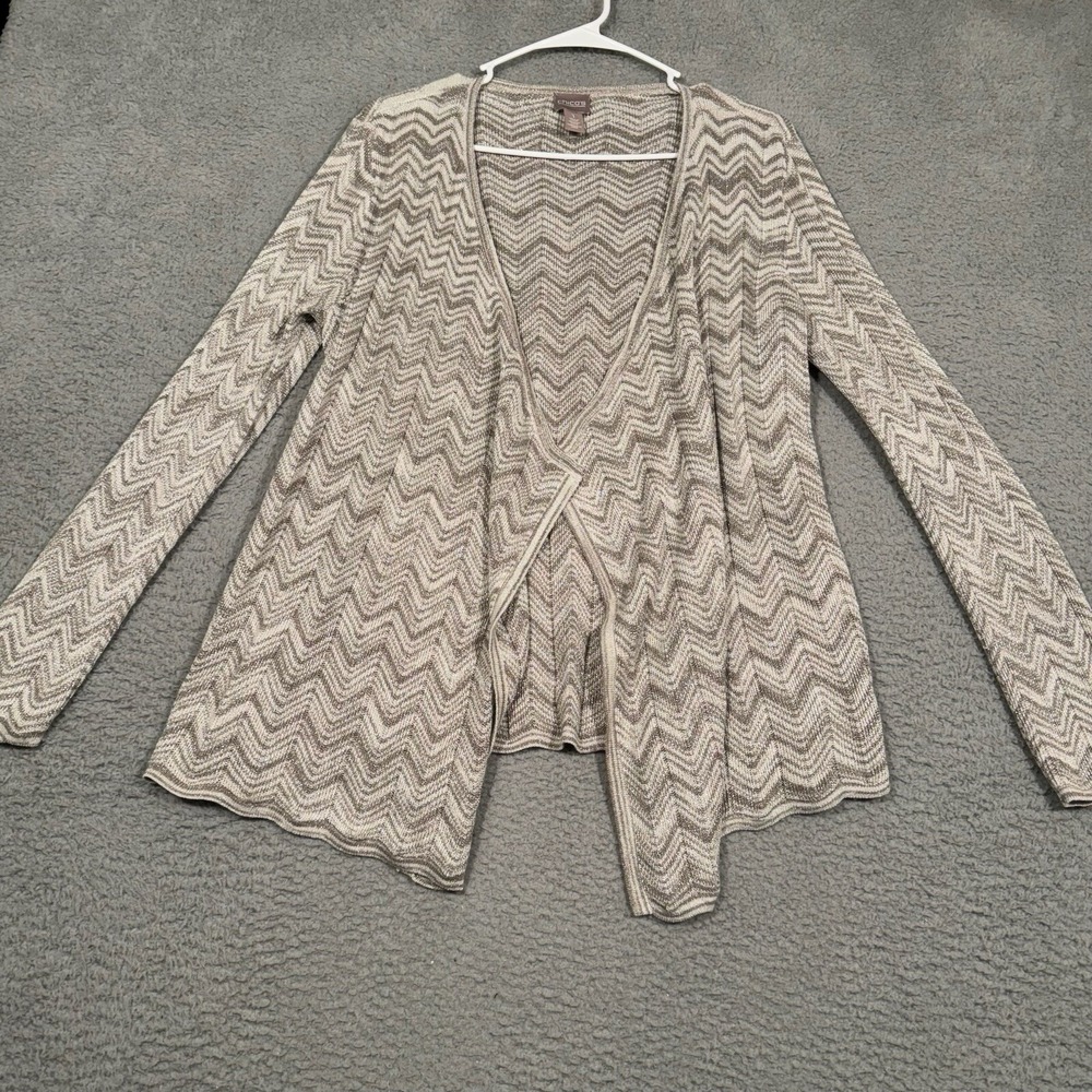 Chico's Waterfall Cardigan Tank Top Size 0/1 MED Knit Gray Chevron Silver Thread